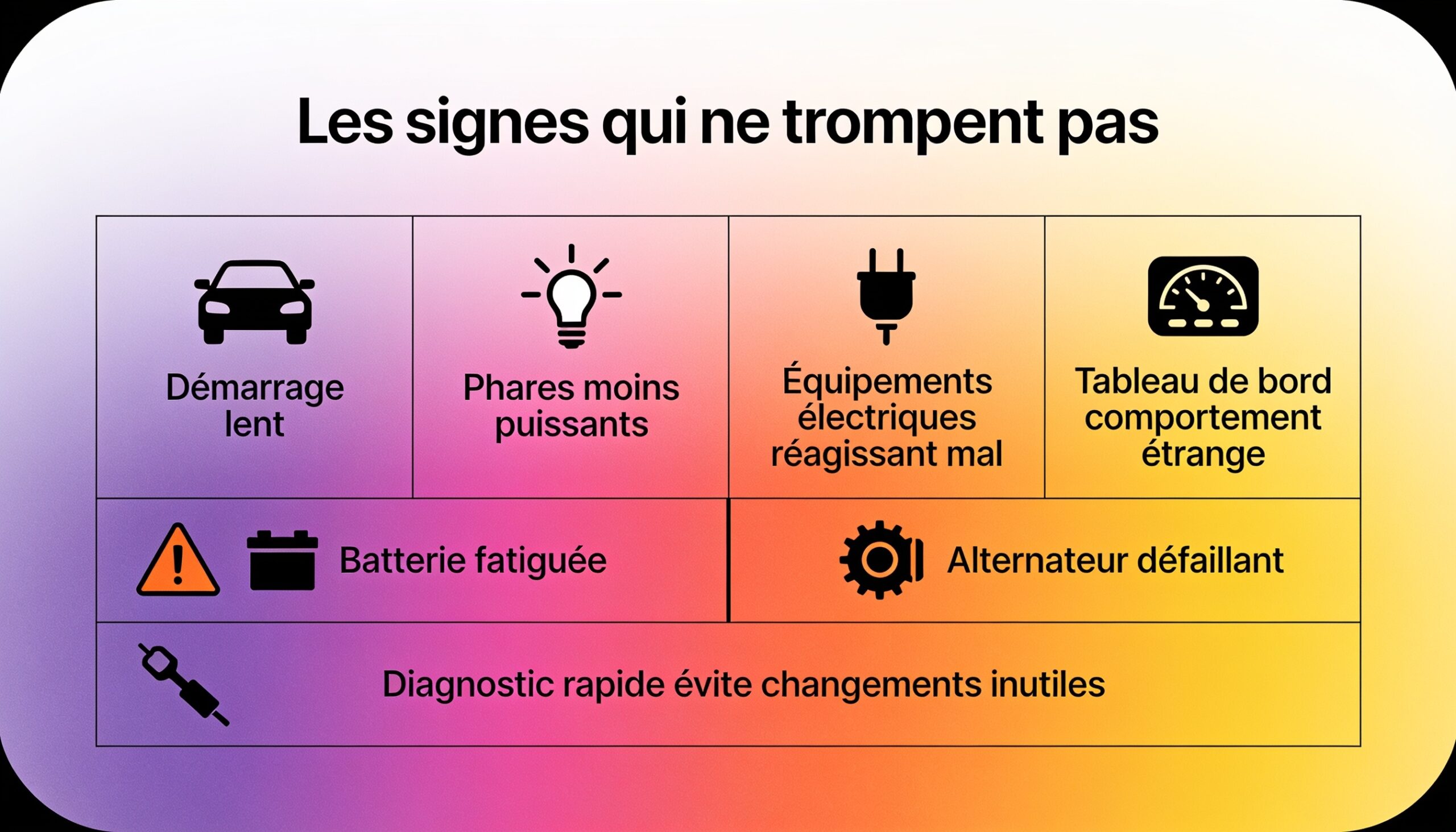 Les signes qui ne trompent pasAvant la panne totale, certains signaux reviennent souvent. Le démarrage devient lent, les phares semblent moins puissants, les équipements électriques réagissent mal, et le tableau de bord affiche parfois des comportements étranges. Si plusieurs symptômes apparaissent en même temps, il faut prendre le problème au sérieux.Attention aussi à ne pas confondre batterie fatiguée et alternateur défaillant. Une batterie faible peut empêcher le démarrage, mais si le véhicule cale ensuite ou redémarre mal après usage, le souci peut être plus large. Un diagnostic rapide évite de changer une pièce inutilement et permet de repartir sur une base saine.